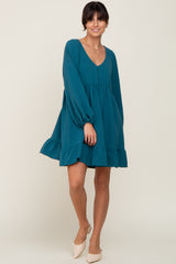 Teal Long Sleeve Gathered Tier Dress