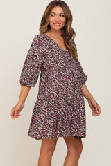 Black Floral Button Front Tiered Maternity Dress