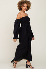 Black Smocked Square Neck Puff Sleeve Midi Dress