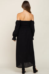 Black Smocked Square Neck Puff Sleeve Maternity Midi Dress