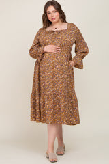 Camel Floral Tiered Maternity Plus Midi Dress