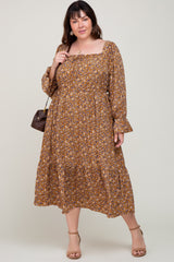 Camel Floral Tiered Maternity Plus Midi Dress