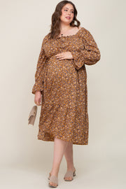 Camel Floral Tiered Maternity Plus Midi Dress