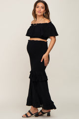 Black Linen Off Shoulder Top and Smocked Tiered Skirt Maternity Set