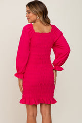 Fuchsia Smocked Ruffle Accent Maternity Fitted Dress