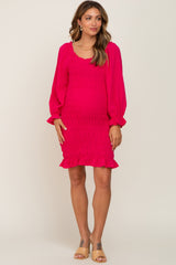 Fuchsia Smocked Ruffle Accent Maternity Fitted Dress