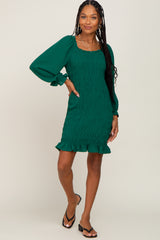 Forest Green Smocked Ruffle Accent Fitted Dress