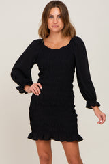 Black Smocked Ruffle Accent Fitted Dress