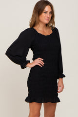 Black Smocked Ruffle Accent Fitted Dress