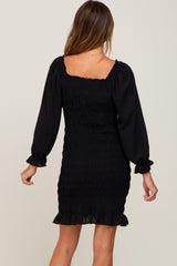 Black Smocked Ruffle Accent Fitted Dress