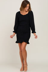 Black Smocked Ruffle Accent Fitted Dress