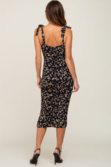 Black Printed Ruched Shoulder Tie Dress