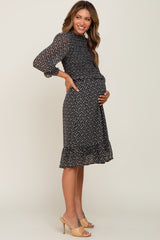 Black Floral Smocked Ruffle Accent Maternity Dress