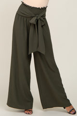 Olive Smocked Front Tie Pants