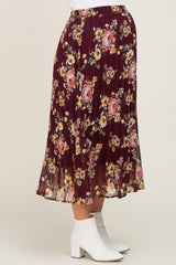 Burgundy Floral Chiffon Pleated Maternity Skirt