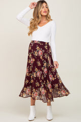 Burgundy Floral Chiffon Pleated Maternity Skirt