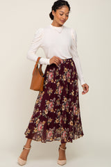 Burgundy Floral Chiffon Pleated Maternity Skirt