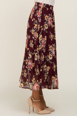 Burgundy Floral Chiffon Pleated Skirt