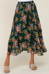 Forest Green Floral Chiffon Pleated Skirt