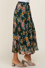 Forest Green Floral Chiffon Pleated Skirt