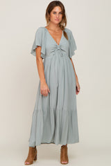 Light Blue Flutter Sleeve Cinched Maternity Maxi Dress