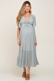 Light Blue Flutter Sleeve Cinched Maternity Maxi Dress