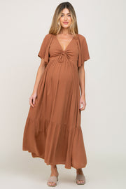 Brown Flutter Sleeve Cinched Maternity Maxi Dress