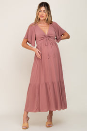 Mauve Flutter Sleeve Cinched Maternity Maxi Dress