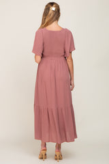 Mauve Flutter Sleeve Cinched Maternity Maxi Dress