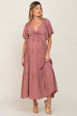 Mauve Flutter Sleeve Cinched Maternity Maxi Dress