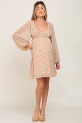 Beige Ditsy Floral Chiffon Smocked Maternity Dress