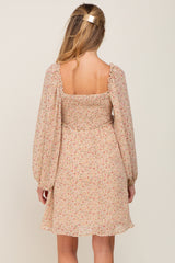 Beige Ditsy Floral Chiffon Smocked Maternity Dress