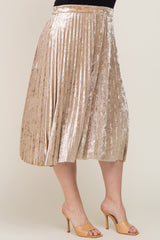 Beige Velvet Pleated Plus Midi Skirt