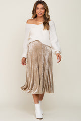 Beige Velvet Pleated Maternity Midi Skirt