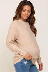 Beige Soft Rib Knit Maternity Sweater