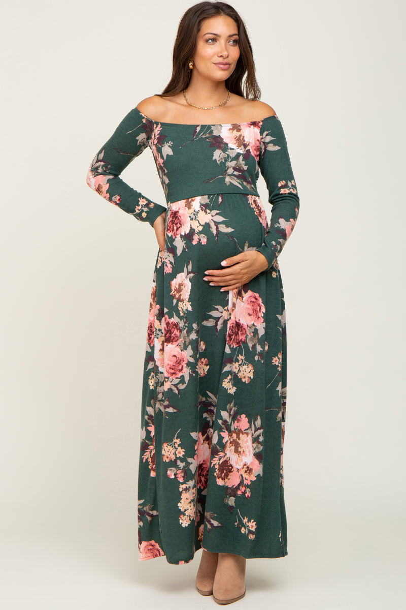 Forest Green Floral Off Shoulder Long Sleeve Maternity Maxi Dress ...