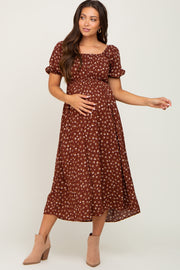 Brown Floral Puff Sleeve Maternity Midi Dress