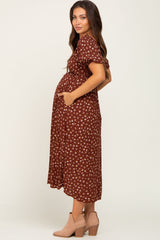 Brown Floral Puff Sleeve Maternity Midi Dress