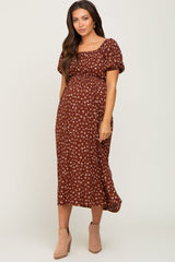 Brown Floral Puff Sleeve Maternity Midi Dress