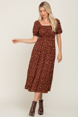 Brown Floral Puff Sleeve Maternity Midi Dress