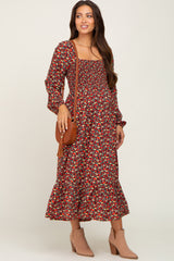 Black Floral Smocked Long Sleeve Maternity Midi Dress