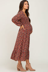 Black Floral Smocked Long Sleeve Maternity Midi Dress