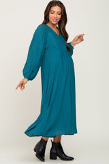 Teal V-Neck Smocked Accent Maternity Maxi Dress