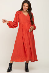 Rust V-Neck Smocked Accent Maternity Maxi Dress