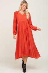 Rust V-Neck Smocked Accent Maternity Maxi Dress