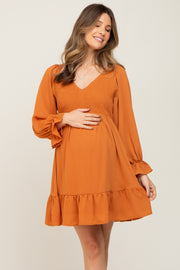 Camel Smocked Long Sleeve Ruffle Hem Maternity Dress