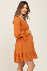 Camel Smocked Long Sleeve Ruffle Hem Maternity Dress