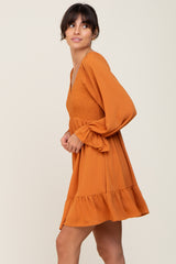 Camel Smocked Long Sleeve Ruffle Hem Dress