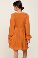 Camel Smocked Long Sleeve Ruffle Hem Dress