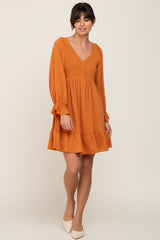 Camel Smocked Long Sleeve Ruffle Hem Dress